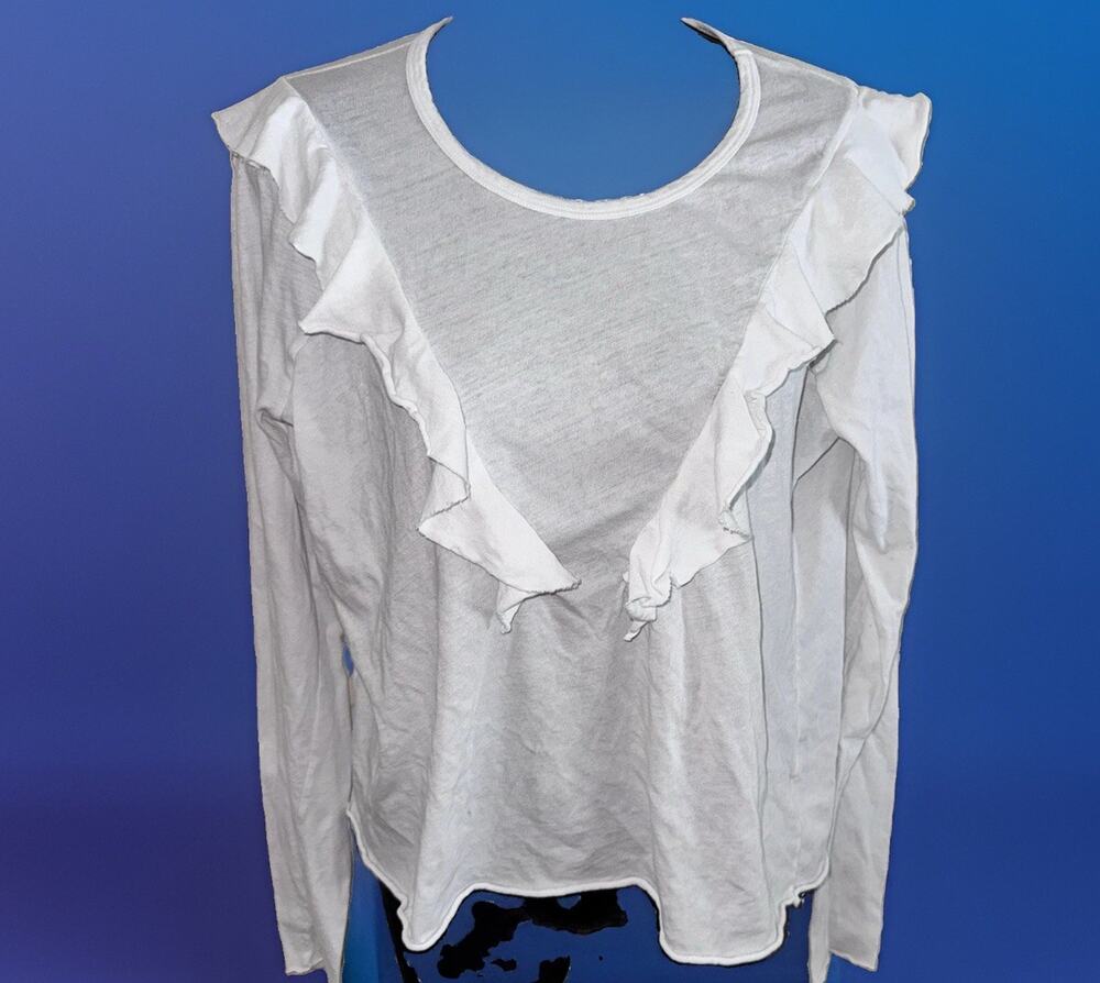 Wildfox Lucienne Long Sleeve Crew Neck Cascading Ruffles Cotton Raw Edges Large